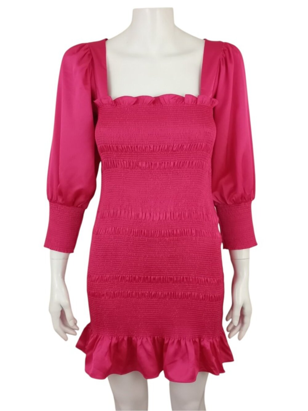 DO+BE Hot Pink Smocked Ruffle Hem Tie Back 3/4 Sleeve Mini Dress Womens M